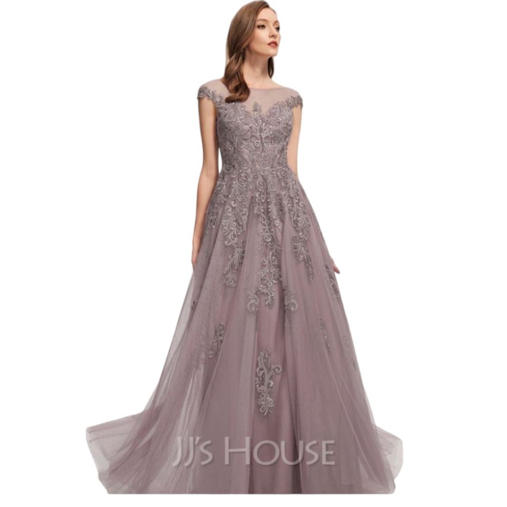 NWT JJ'S House A-Line Scoop Neck Floor-Length Tulle Lace Evening Dress W/Sequins